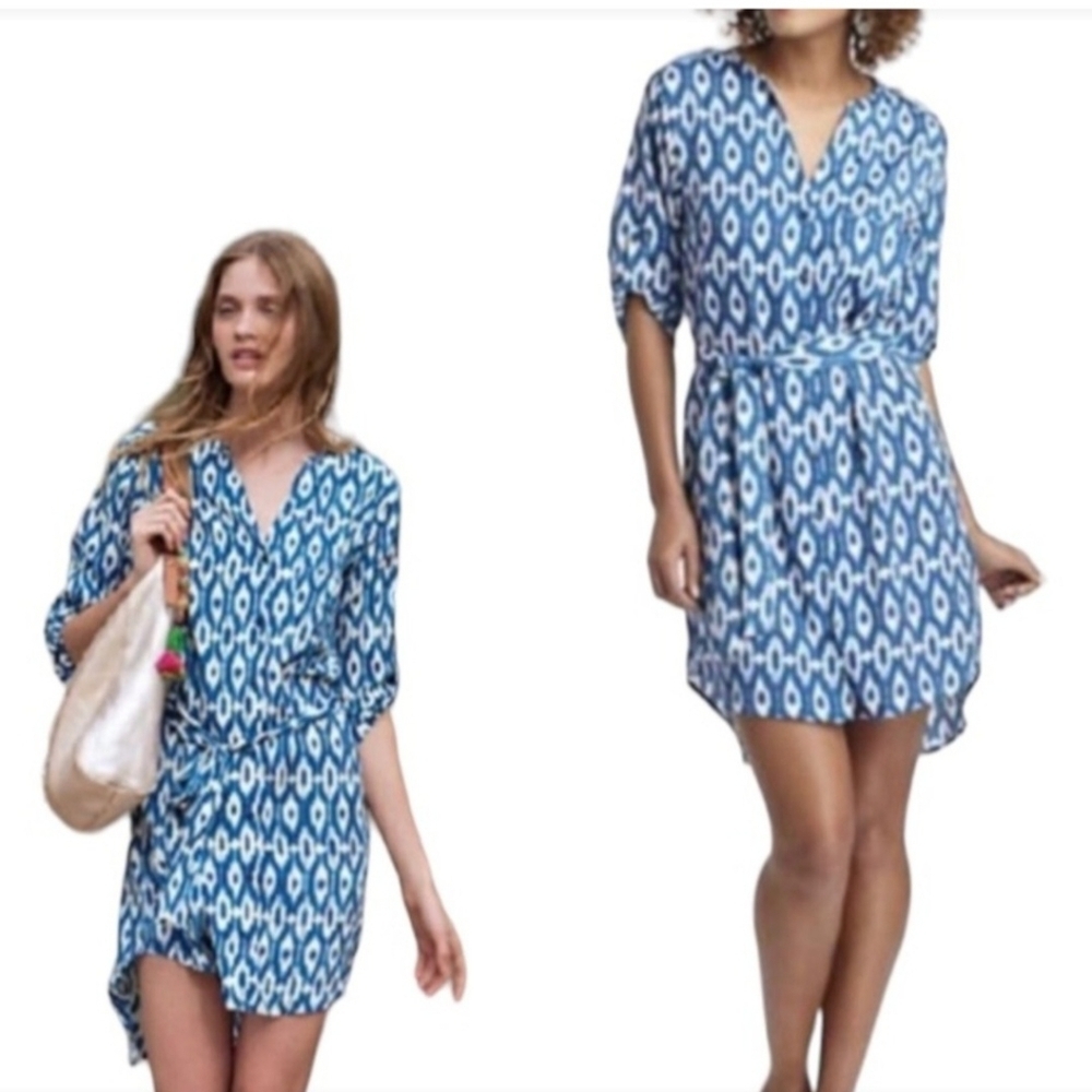 Anthropologie Maeve Blue & White Ikat Print Shirt Mini Dress